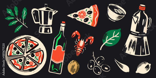 Italian food and drink illustration on dark background