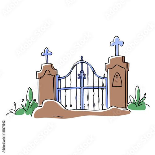 Cemetery gate with crosses and surrounding foliage in a sketch style  