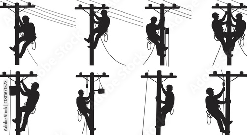 Silhouettes of utility workers climbing power poles, electrical line maintenance, high voltage repair, safety harness, energy infrastructure, electrical technician teamwork, utility service