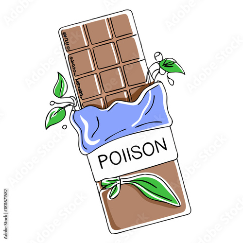 Chocolate bar with poison label and green leaves illustration  