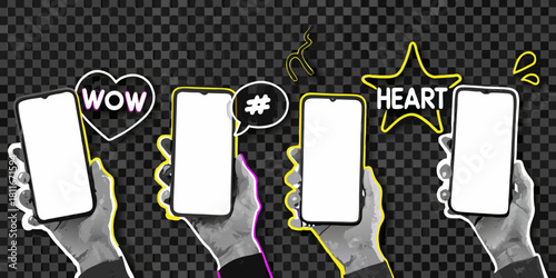 Hands holding smartphones with social media icons and blank screens for content