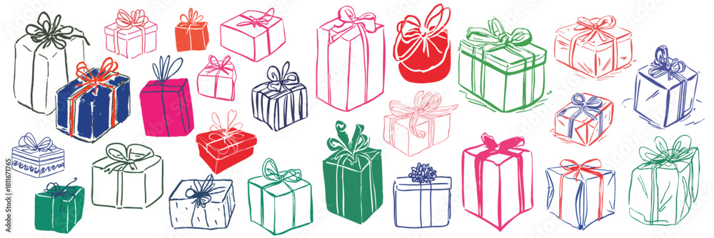Obraz premium Hand drawn doodle set of colorful gift boxes and presents for christmas birthday and anniversary