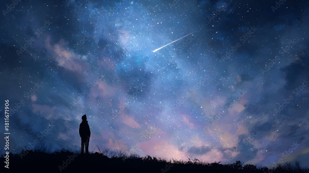 Fototapeta premium Silhouette of person standing on hill looking at shooting star in a dramatic night sky
