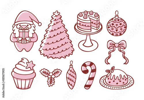 Hand-drawn Christmas doodle, ink sketch clipart set, Gnome holding a gift, decorated tree, festive dessert, pudding, cupcake, candy cane, ribbon bow, holly leaf, light, ornament illustration for card