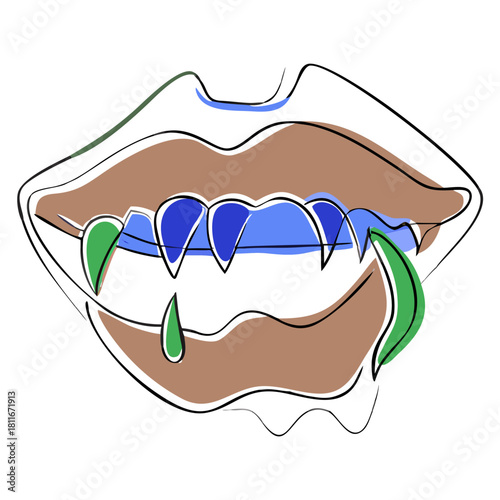 Abstract illustration of lips with fangs and colorful drool  