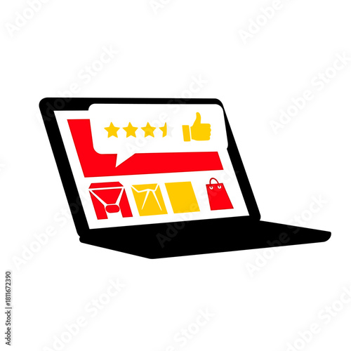 Vector illustration of an open laptop showing a five-star customer rating and thumbs-up for an online store, representing e-commerce satisfaction and feedback