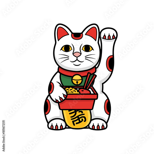 Whimsical graphic illustration of a lucky beckoning cat with a raised paw, symbolizing prosperity and good fortune, adorned with traditional festive colors and holding a treasure of golden coins