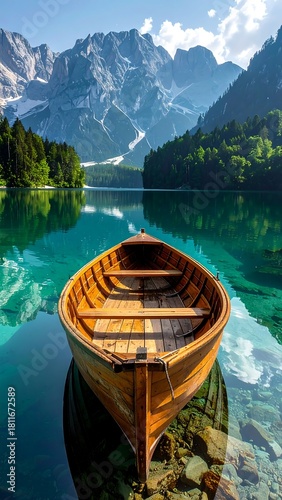 Wooden boat on tranquil turquoise lake, mountain backdrop under blue sky