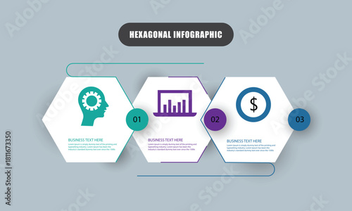 Business hexagonal infographic template with 3 steps