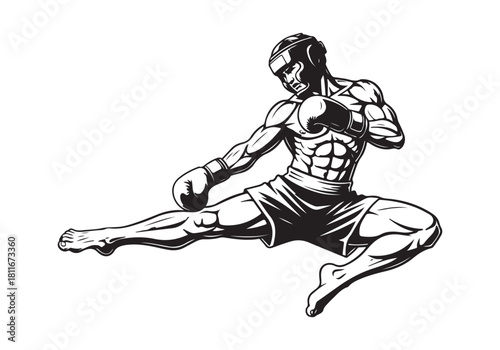 Kickboxer fighter throwing side kick isolated on