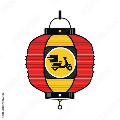 Asian food delivery service concept illustrated with a scooter icon on a traditional red and yellow Chinese lantern