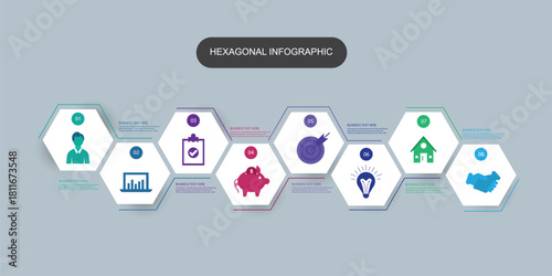 Business hexagonal infographic template with 8 steps. Diagram with hexagons