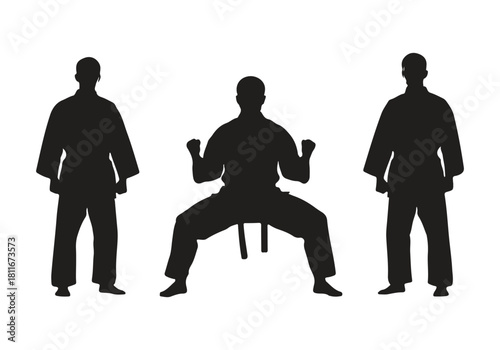 Three martial artist silhouette in fighting stance isolated on
