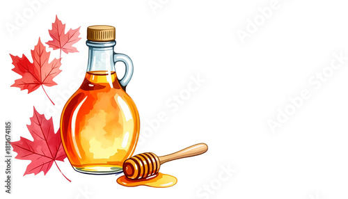 Maple syrup bottle with honey dipper and autumn leaves  