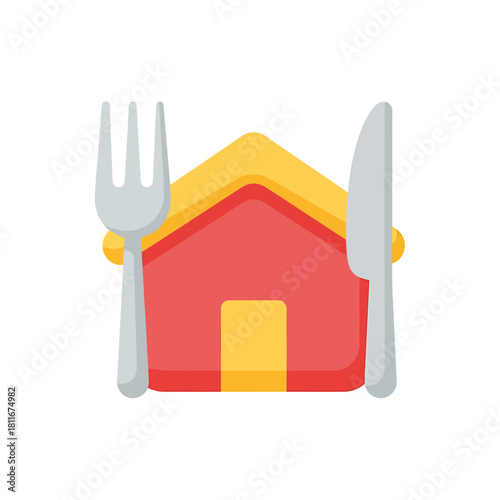 Flat vector icon of a house with a fork and knife, symbolizing restaurant, home cooking, and food delivery services
