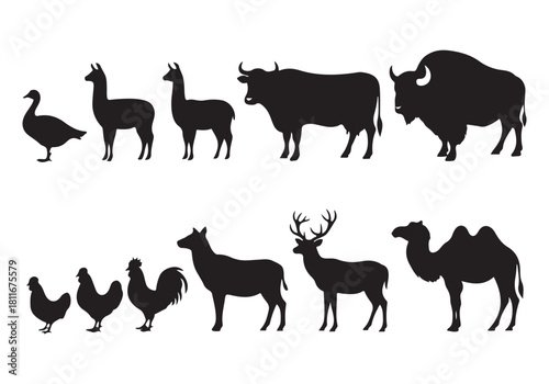 Collection of farm and wild animal silhouette icon set