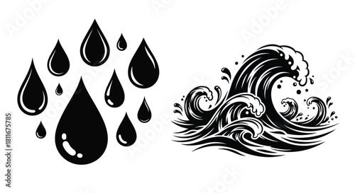 Water droplets and a stylized wave design in black and white