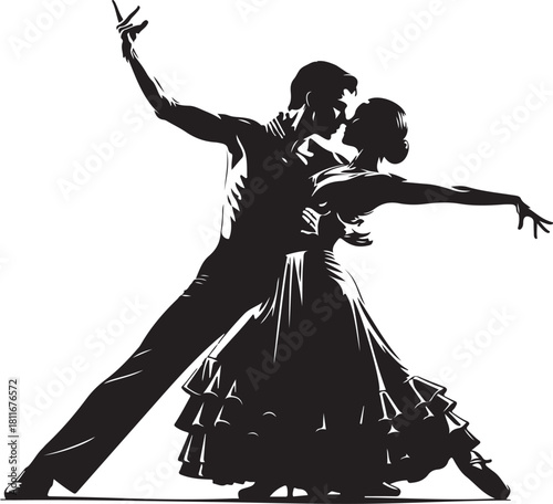 Passionate couple dancing tango silhouette on white background vector illustration