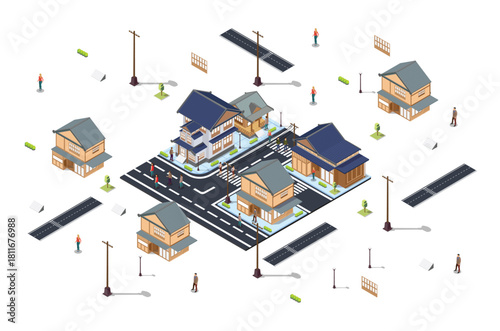complete set of traditional japanese buildings with .isolated, houses and trees, armchairs and street, plants and electric poles, people walking, isometric style
