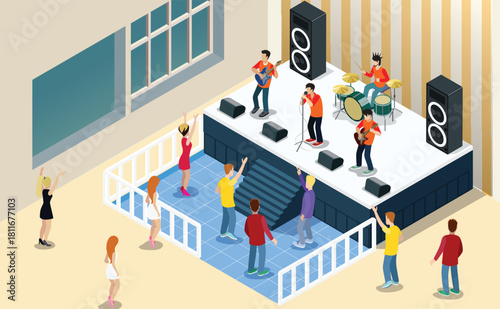 Isometric Music live, with indoor view of dancefloor stage and dancing people vector illustration
