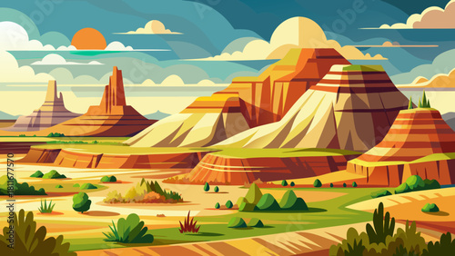 Very beautiful minimalist illustration of Theodore Roosevelt National Park on a clean white background, featuring stylized buttes, soft prairie contours, and simple natural shapes designed in a modern