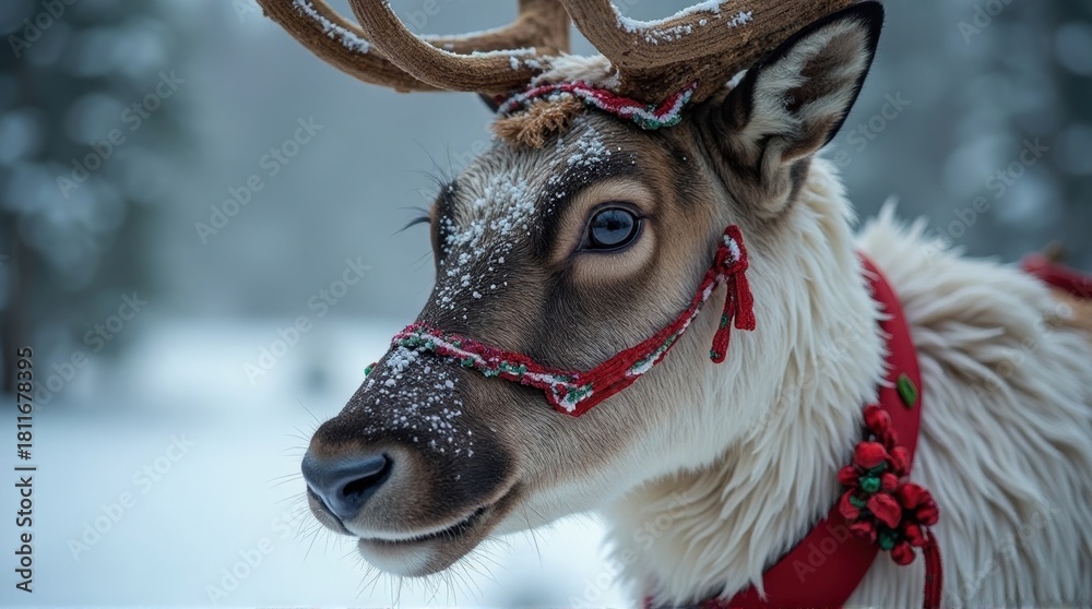 Naklejka premium Majestic reindeer in a snowy winter forest wearing a festive red Christmas bridle, close-up.
