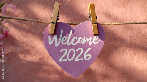 Purple Heart Welcome 2026 Wooden Sign Hanging on Twine with Soft Pink Floral Background