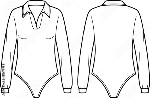 CAD drawing flat vector illustration of bodysuit fashion design, long sleeves, deep V-neck front, collar detail, garment sketch template