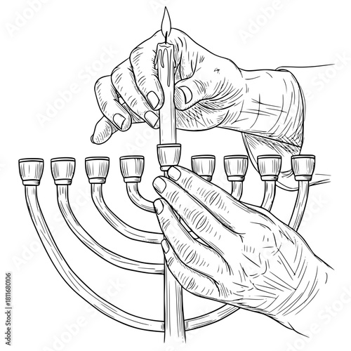 Hands lighting candle on menorah for Hanukkah celebration  