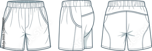 Cad drawing flat vector illustration of casual shorts with elastic waistband, pockets, front side back view, fashion garment template