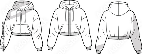 Cad drawing flat vector illustration of cropped hoodie template with half-zip, kangaroo pocket, ribbed cuffs, front back side view