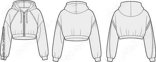 Cad drawing flat vector illustration of cropped hoodie template with drawstring hood, ribbed cuffs, side front back view layout