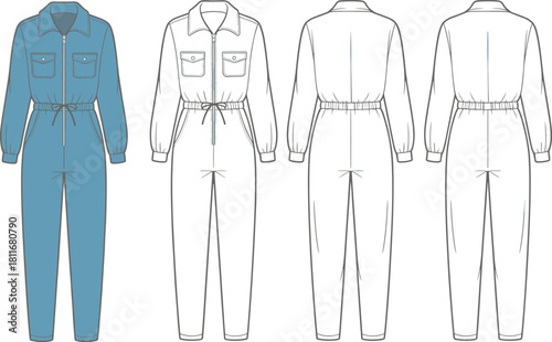 Cad drawing flat vector illustration of four jumpsuit templates, blue, outline front back views, pockets, drawstring waist, zipper design