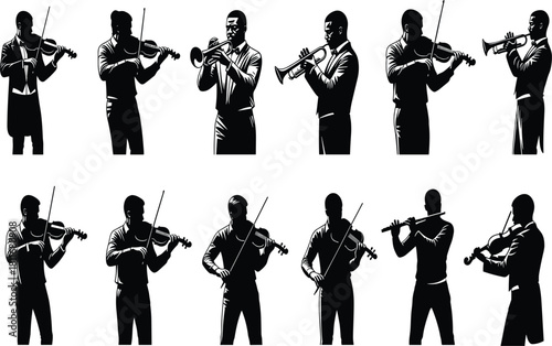 Silhouettes, musicians, orchestra, violinist, trumpeter, performance, vector, illustration, black, white, ensemble, classical, music, artistic, dynamic, posture, instrumental, group, concert, artistic