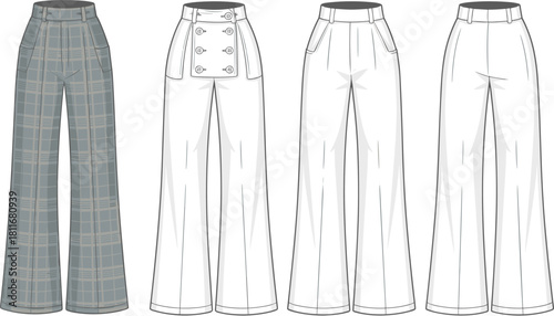 Cad drawing flat vector illustration of four pants template, plaid, lace-up, pocketed and stitched styles, front and back view
