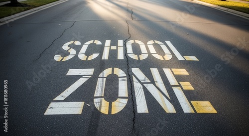 School Zone Sign Painted on Asphalt Roadway Under Beautiful Natural Light
