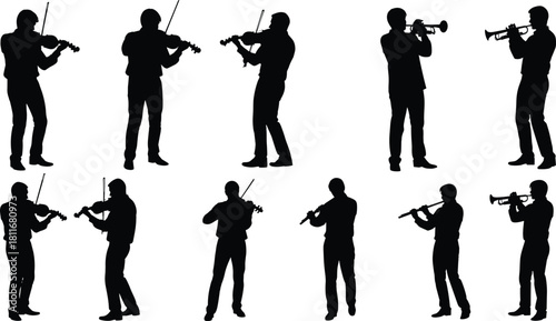Silhouettes, musicians, orchestra, violinist, trumpeter, performance, vector, illustration, black, white