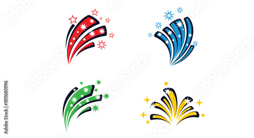 Colorful firework displays with red blue green and yellow bursts