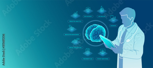 Doctor and AI Assistant concept - diagnosis, patient treatment, medication, lab tests. Vector medtech illustration of a doctor with a tablet connected to AI digital brain and future medical services