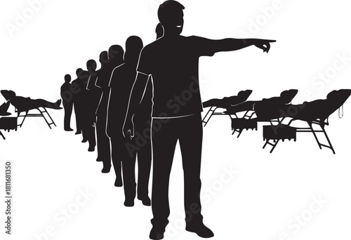Diverse group of people stand in line with a leader pointing forward towards a shared destiny