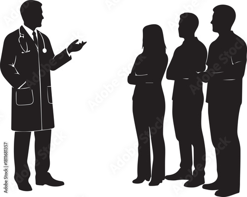 Doctor silhouetted presenting information to a group of people standing firmly