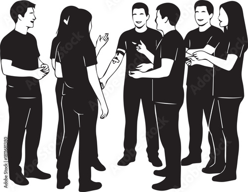 Diverse group of people in silhouette form a circle engaged in conversation and discussion