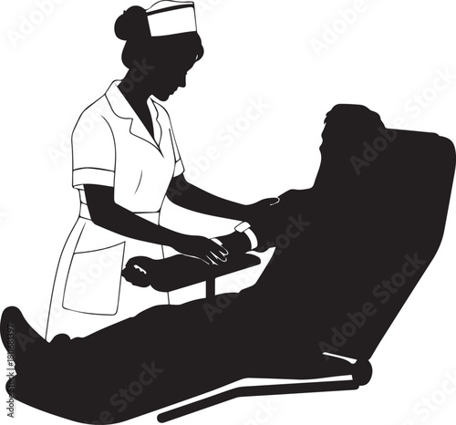 Nurse silhouette providing medical care to a patient in a reclined chair