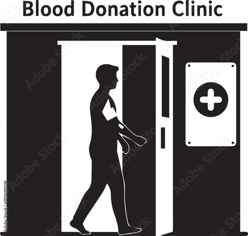 Man enters blood donation clinic silhouette symbolizing health and community service