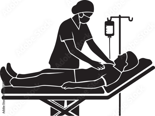 Nurse administering care patient lying down medical treatment silhouette hospital setting