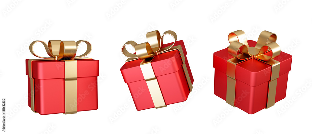 Obraz premium Set of red gift box with golden ribbon isolated on white