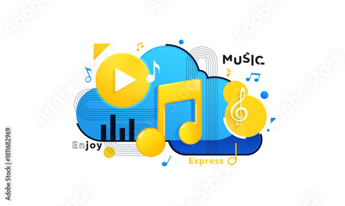 Vibrant Music Streaming Concept in Minimal Vector Style, Abstract Cloud Audio Design with Play and Notes. Modern Cloud Music Streaming Vector Illustration. Digital Audio Cloud with Play Icon and Sound