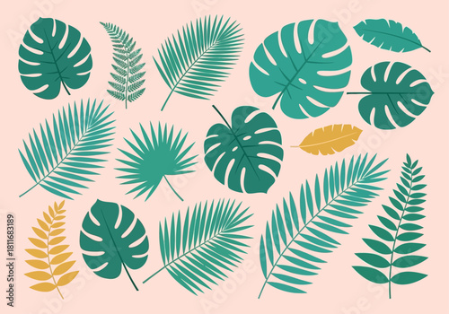 Minimalist Tropical Foliage Vector Set - Flat Design Jungle Leaves Illustration