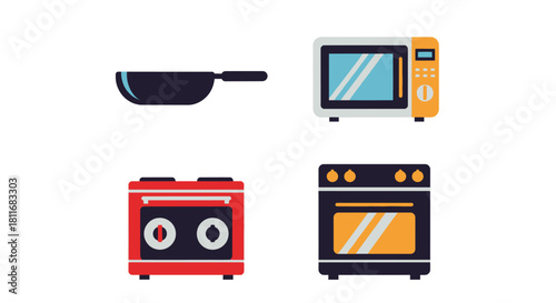 Kitchen appliances illustration featuring a microwave frying pan and two ovens