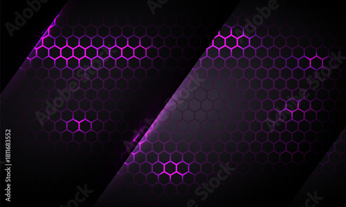 Black hexagonal gaming abstract vector background with pink colored bright flashes under hexagon. Vector illustration with honeycomb texture grid